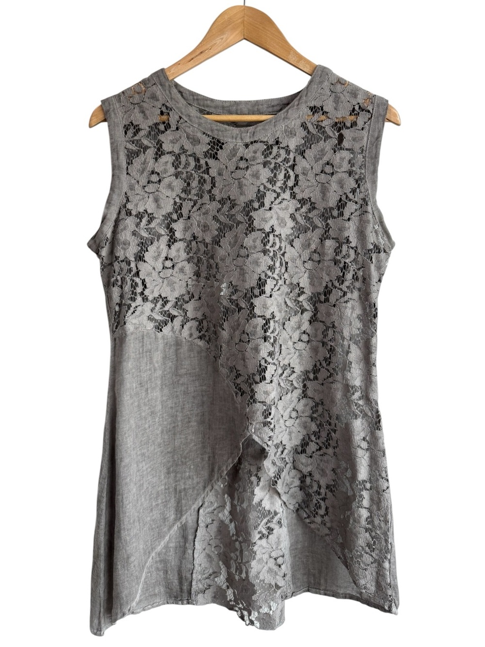Fresh FX Open Knit Lace Top Sz L Grey Sleeveless Shirt Sheer Ramie Cotton Boho